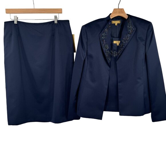 Kasper Women's 3-Pc Blue satin beaded skirt Suit blaze tank size 14 new $300